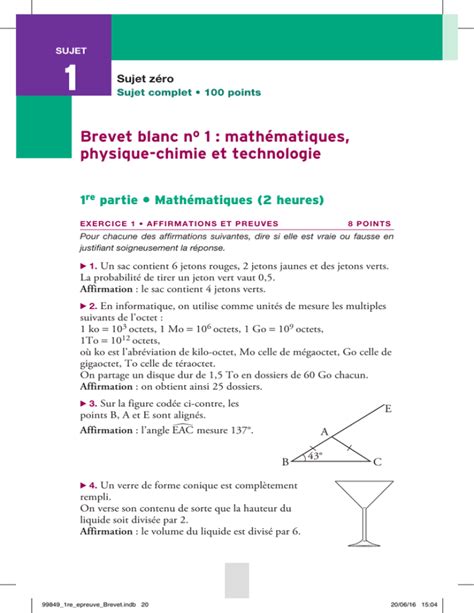 Brevet Blanc No 1 Mathématiques Physique Chimie Et