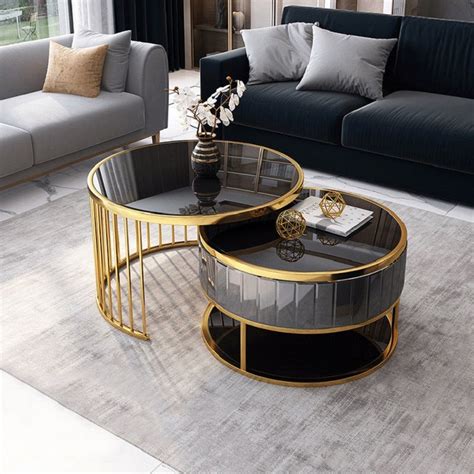 Modern Round Gold And Grey Nesting Coffee Table With Shelf Tempered Glass