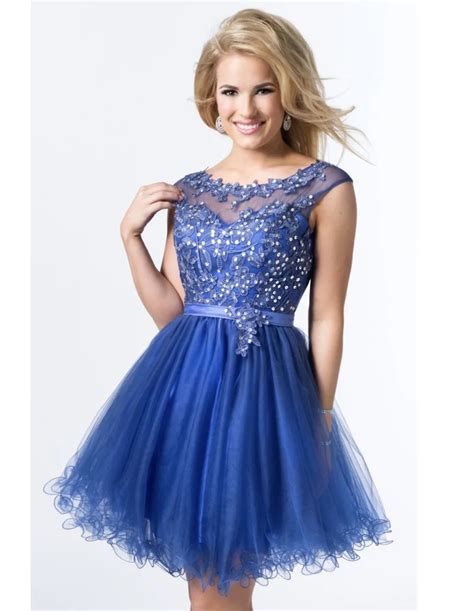 Short Blue O Neck Cap Sleeve Party Dress Lace V Backless Sashes Crystal Puffy Prom Dresses For