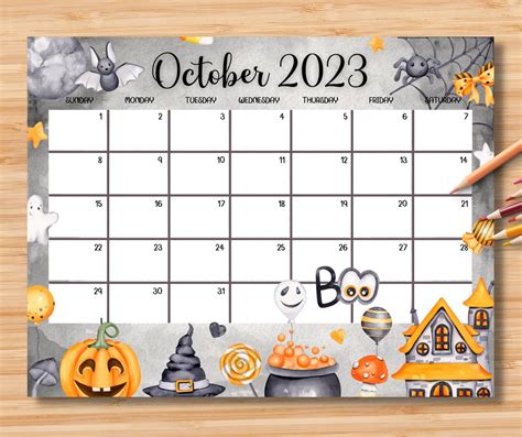 Editable October 2023 Calendar Cute Spooky Halloween 2023 Etsy
