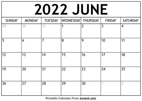 Printable June 2022 Calendar Template Print Now