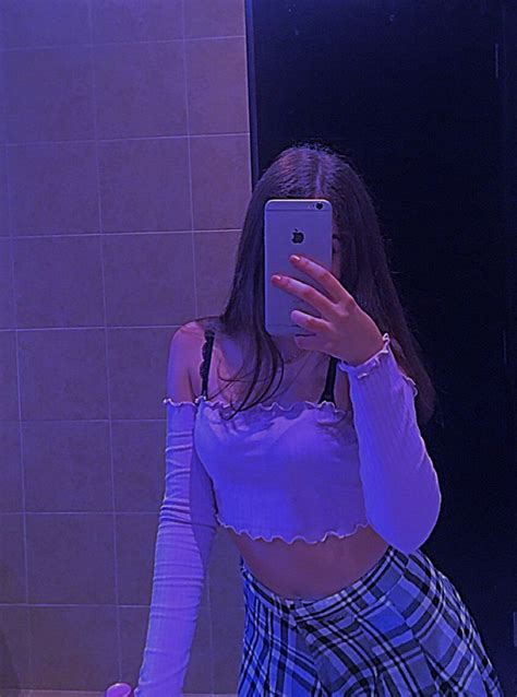 aesthetic mirror selfie plait skirt cropped top purple led lights snap girls mirror