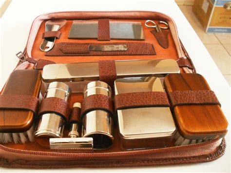 Brown Leather Mens Travel Grooming Kit Vintage West Germany Wood Boar
