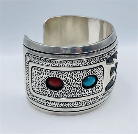 Jerome Begay Vintage Navajo Sterling Silver Blue Turquoise Coral Cuff