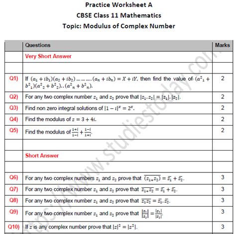 Worksheet On Complex Numbers For Class 11