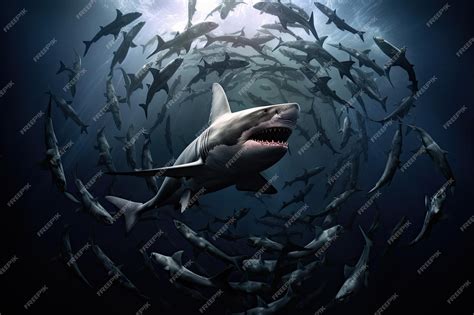 Premium AI Image | Circling Sharks from Above Danger in the Depths of
