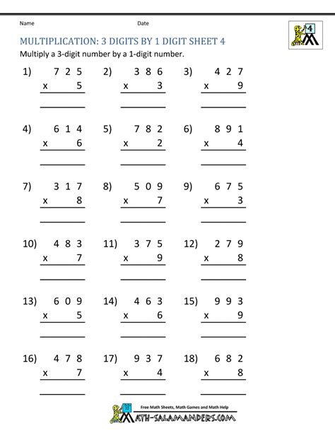 Multiplication Sheet 4th Grade Math Fact Worksheets Printable