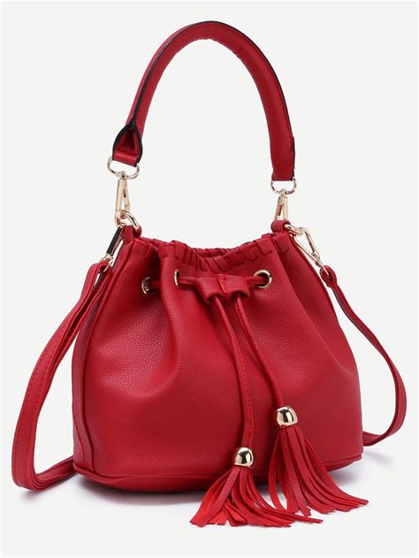 Red Faux Leather Tassel Drawstring Bucket Bag Sheinsheinside