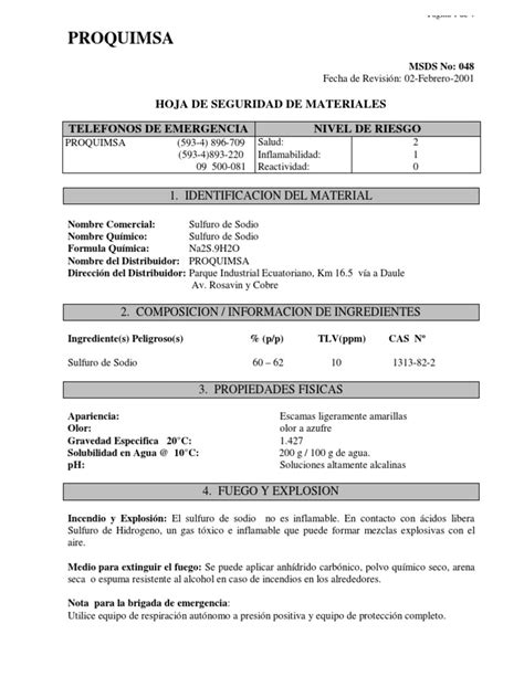 Sulfhidrato cu escamas 70/72% (30072022/sds_lea_es/es) fecha de impresión 11.03.2005 1. HS Sulfuro de Sodio