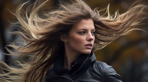 Beautiful Woman With Long Hair In The Wind Background Windy Weather