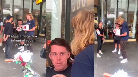 tiktok pranksters slammed for eating kfc zinger box in front of vegan protesters daily star