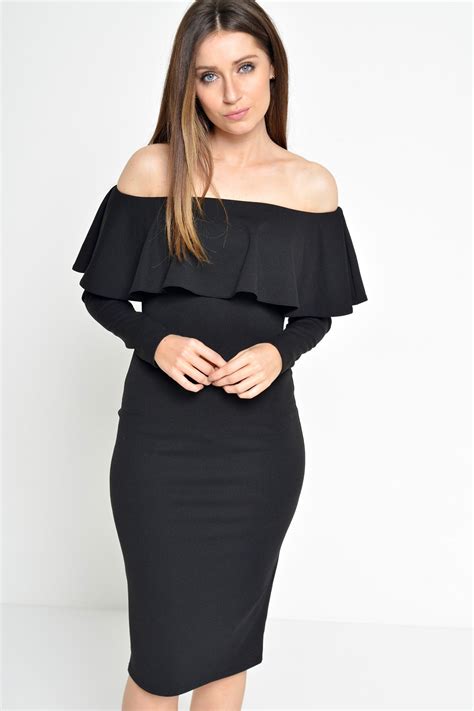 Ad Lib Luella Off Shoulder Long Sleeve Dress In Black Iclothing