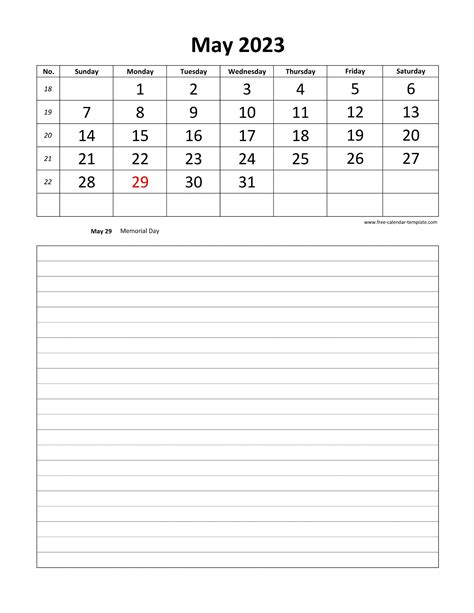 Printable 2023 May Calendar Grid Lines For Daily Notes Vertical