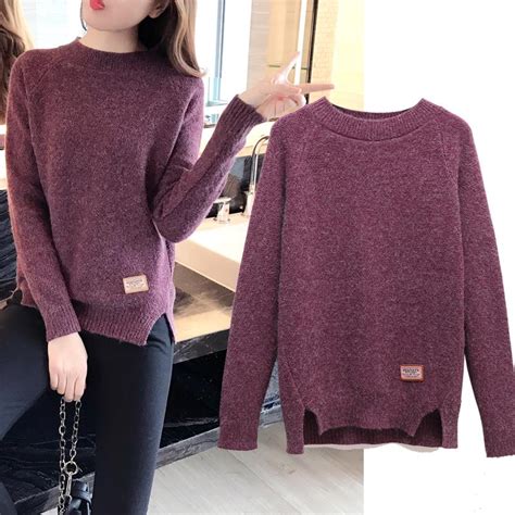 Korean Winter Women Sweaters O Neck Long Sleeved Knitted Jumpers Split