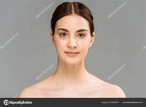 Naked Woman Marks Face Looking Camera Isolated Grey Stock Photo By