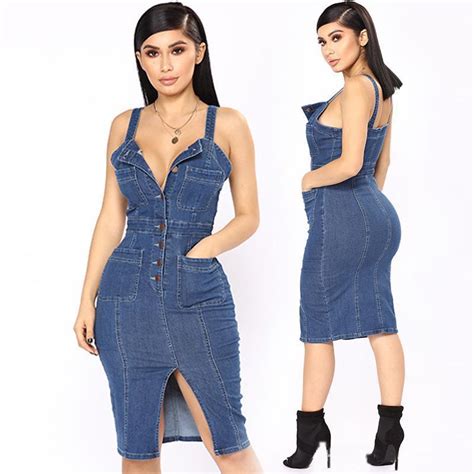 Spaghetti Strap Denim Summer Dress Women Split Backless Sexy Bodycon Jeans Dress Ladies Club