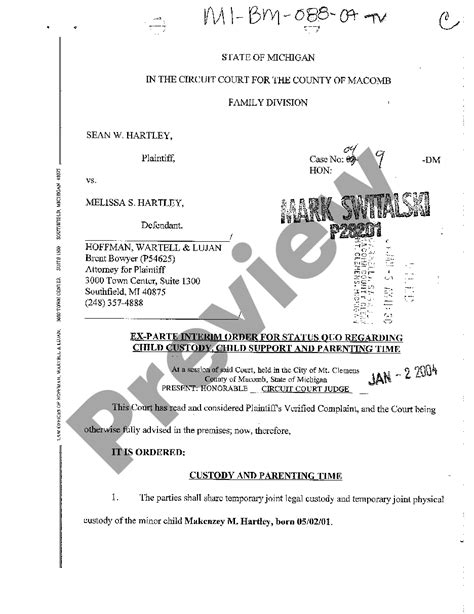 Michigan Ex Parte Interim Order For Status Quo Regarding Child Custody