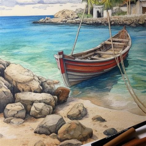 Una Pintura De Un Barco En La Playa Foto Premium