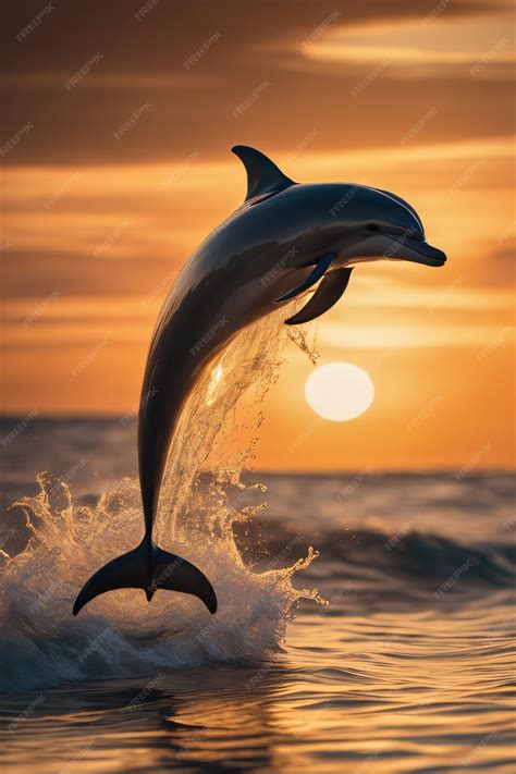 Premium Ai Image Playful Dolphin In Majestic Sunset Over The Sea