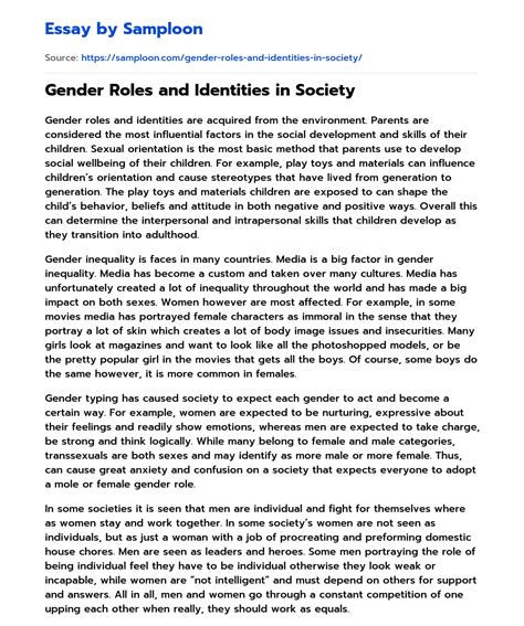 Gender Roles And Identities In Society Free Essay Sample On Samploon Com