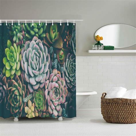 Succulent Plants Bathroom Polyester Printing Waterproof Shower Curtain