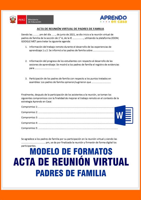 Modelo De Formatos Acta De ReuniÓn Virtual Padres De Familia En Word