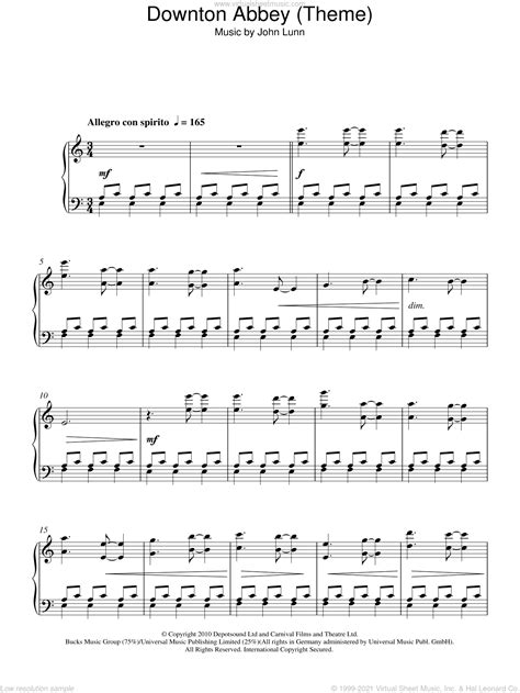 Easy piano sheet music (level 5). Lunn - Downton Abbey (Theme), (intermediate) sheet music ...