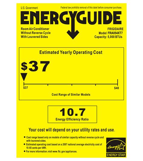 A room air conditioner's mandatory energuide label shows the model type and its eer. Frigidaire FRA054XT7 5,000 BTU Window Air Conditioner with ...