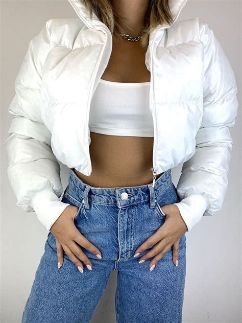 White Cropped Puffer Jacket Thermolite Jacket Hot Sex Picture