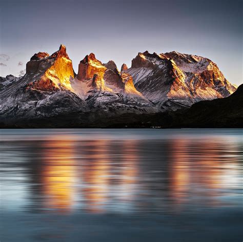 Cuernos Del Paine And Pehoe Lake At Sunrise Torres Del Paine National