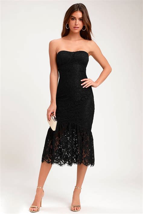 Divine Nights Black Lace Strapless Midi Dress | Strapless midi dress, Lace strapless, Black lace ...