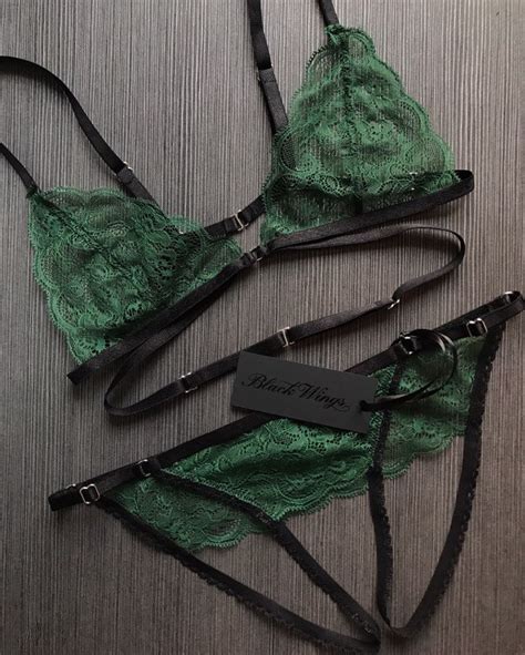 Amanda Green Lingerie Set With Strappy Bralette And Ouvert Etsy
