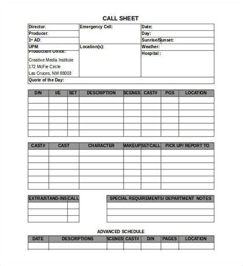 10 Call Sheet Template Free Word Excel And Pdf Formats Samples