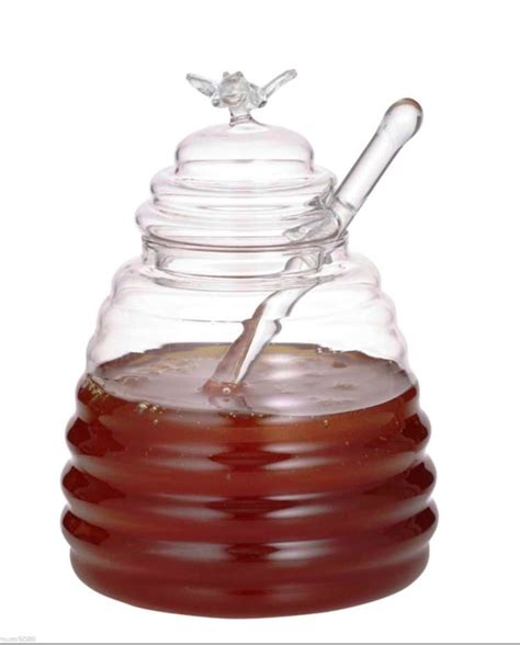 Honey Pot With Dipper Bee Glass Container Jam Syrup Jug