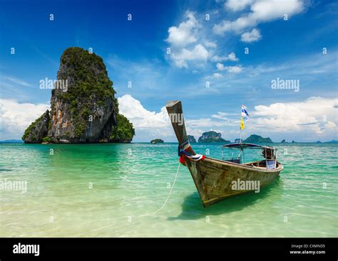 Long Tail Boat On Tropical Beach Pranang Beach And Rock Krabi