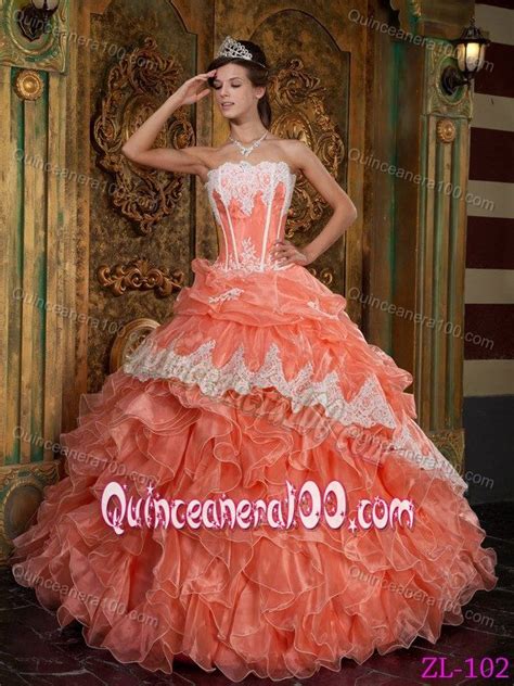 Orange Strapless Quince Dress With Organza Ruffles And Appliques