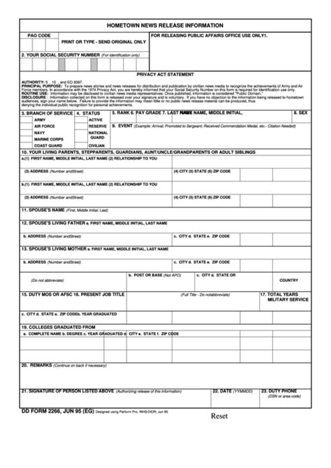 Fillable Dd Form 2266 Hometown News Release Information Printable Pdf