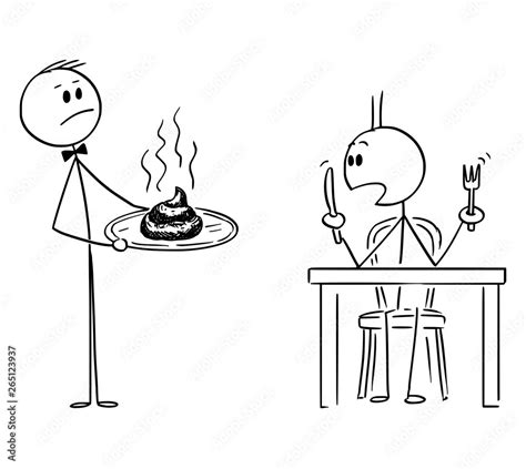 cartoon stick figure drawing conceptual illustration of waiter in fancy or luxury restaurant