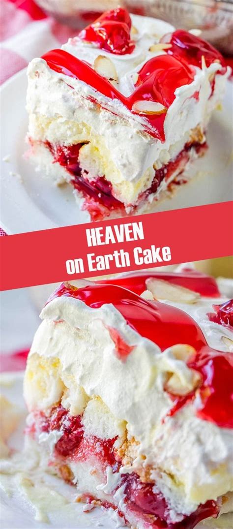 Heaven on earth cake with delicious layers of angel cake, sour cream pudding, cherry pie filling, whipped topping, and almonds. Amazing Heaven on earth cake. #cake #recipes #dessert ...