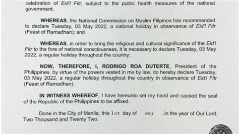 Malacañang On Sunday Night Has Declared May 3 As A Regular Holiday