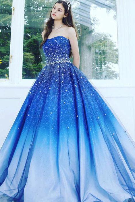 A Line Blue Strapless Sweetheart Ombre Sweep Train Ball Gown Beads Tulle Prom Dresses Uk On Sale