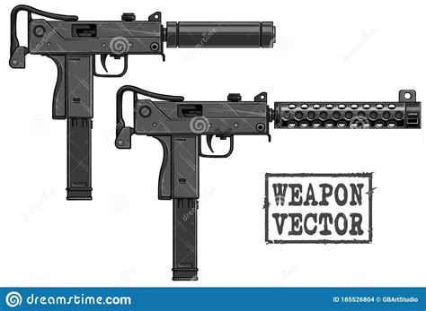 Graphic Detailed Uzi Submachine Gun With Silencer Stock Vector