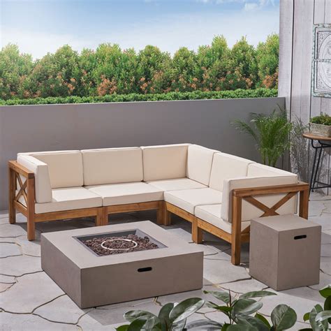 Elisha Outdoor 7 Piece Acacia Wood Sectional Sofa Set With Cushions And