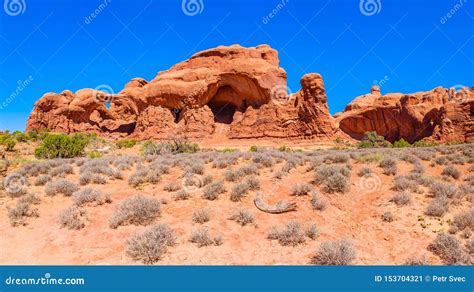 Double Arch Rock Formation At The Arches National Park Stock Image
