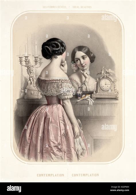 Old Illustration Depicting Woman Looking At Herself In A Mirror By