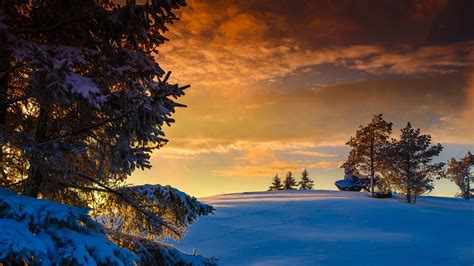 Nature Landscape Winter Snow Norway Trees Sunset Clouds Hill Rock Wallpapers Hd