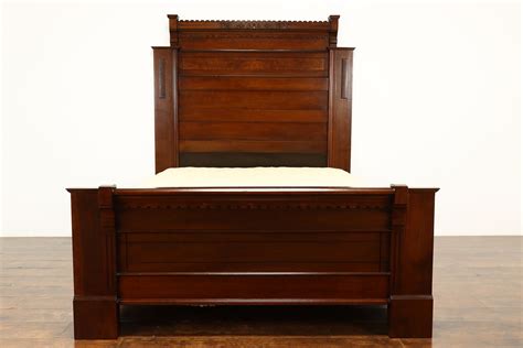 Victorian Eastlake Antique Carved Walnut 3 Pc Bedroom Set Queen Size Bed