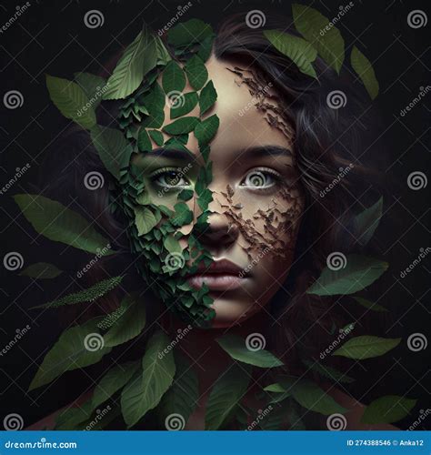 Woman Face With Greenery Skin Portrait Of Young Girl With Leaves In Hair As Concept For World