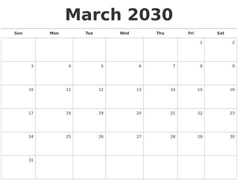 March 2030 Blank Monthly Calendar