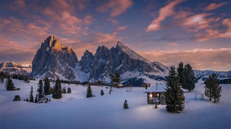 Wallpaper 1920x1080 Px Cabin Dolomites Mountains Italy Pine Trees